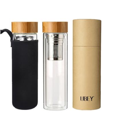 China Sustainable Double Wall Glass Water Bottles With Lid Bamboo Fruit Infused Popular Borosilicate Cups for sale