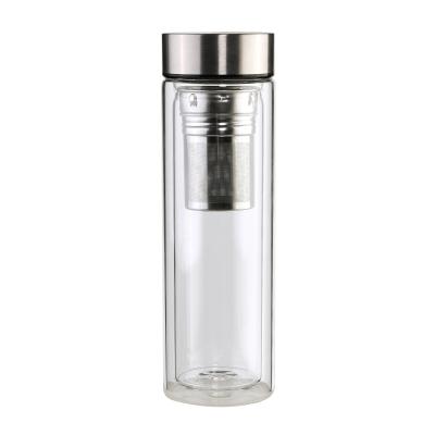 China Sustainable Custom Logo And Packaging Double Wall Tea Infuser Glass Water Bottle With Metal Lid for sale