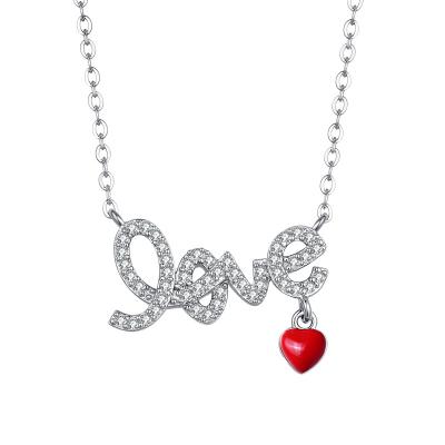 China Trendy 925 Sterling Silver Diamond Love Red Heart Letter Pendant Necklace For Women for sale