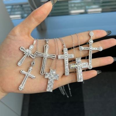 China TRENDY 925 Sterling Silver Iced Out Diamond Cross Pendant Necklace for sale