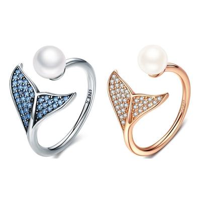 China FASHIONABLE 925 Sterling Silver Pearl Mermaid Fish Tails Shaped Open Adjustable Rings for sale