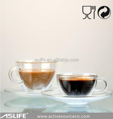 China ASDJ1168_122x90x65mm Sustainable Coffee Tableware Borosilicate Glass Cups With Saucers! 10CL Good Coffee Double Wall Glass Mug for sale