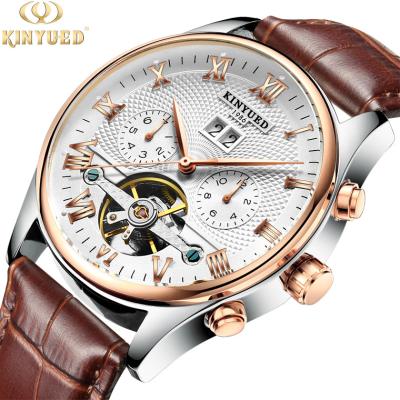 China Brand KINYUED automatic date men's tourbillion watch leather automatic mechanical watch for sale