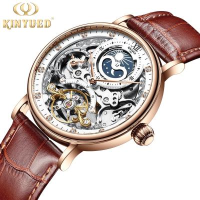 China Custom Men's Moon Mechanical Watches Automatic Date KINYUED Phase Waterproof Automatic Movement Leather Strap Wristwatches for sale