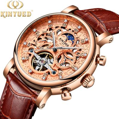 China Popular Automatic Skeleton Dial Fitness Luminous Date KINYUED Items Moon Phase Leather Mechanical Wristwatches for sale