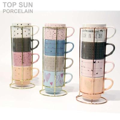 China Sustainable Ceramic Valentine Mug Porcelain Stack Mug With Metal Stand Set 4 Mug for sale