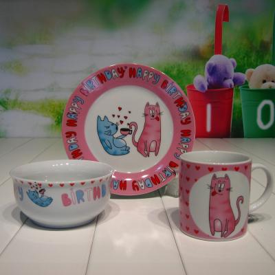 China Hot Sale 3pcs Cartoon Kids Breakfast Porcelain Ceramic Dinner Sets with Dish, Bowl and Cup or Mug for sale