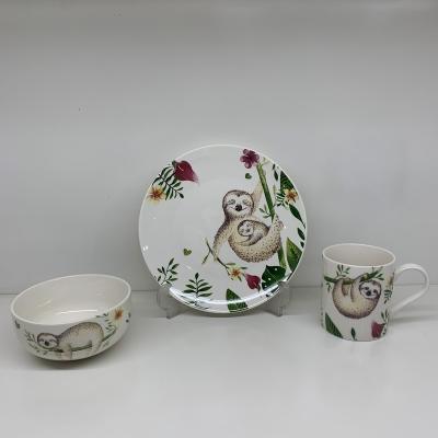 China Hot Sale 3pcs Cartoon Kids Breakfast Porcelain Ceramic Dinner Sets with Dish, Bowl and Cup or Mug for sale