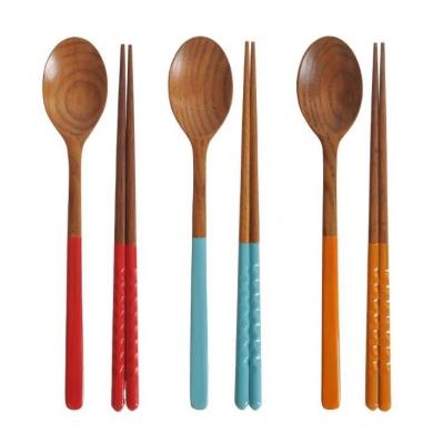 China Eco-friendly Sustainable 2 Piece Japanese Style Natural Wooden Reusable Chopsticks Spoon Flatware Set for sale