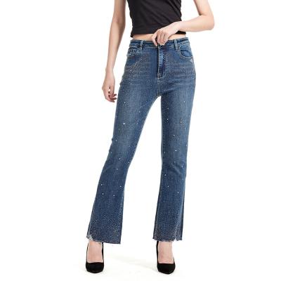 China Stretch Fashion Ladies Elastic Lattice Pants Feminine Women Flare Jeans Denim for sale