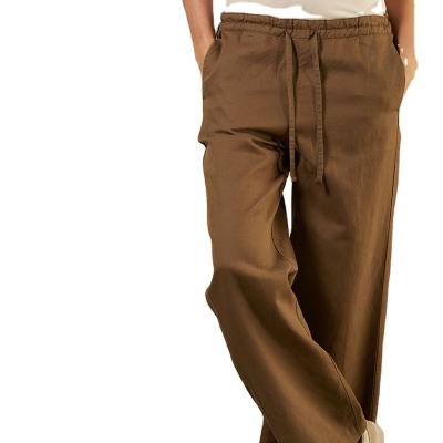 China 2022 new fashion viable white waist style women's linen pants elastic solid color 100% linen pants for sale