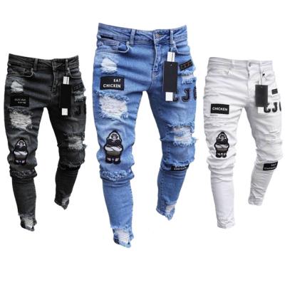 China NEW Breathable Distressed Style Men Destroyed Pants Slim Jeans Men Art Jeans Pants Skinny Biker Patches White for sale