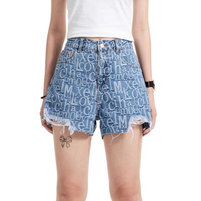 China 2022 Women's Breathable Jeans Shorts Letter Jacquard Distressed Edge Wash Raw Shorts for sale