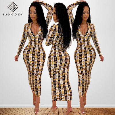 China Spring Autumn Anti-Static Women Printed Long Sleeve Slim Midi Dresses Sexy Party Collar Zipper Comic Dresses for sale