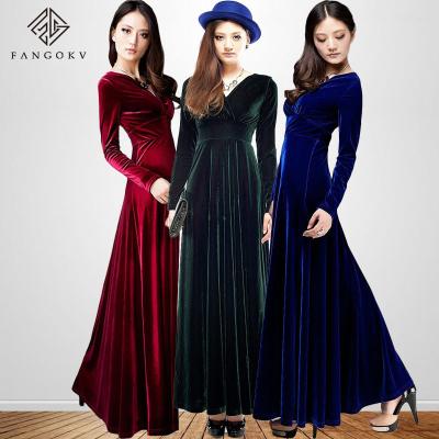 China Women's Velvet Long Sleeve Evening Dresses Anti-Static V-neck Ladies Long Elegant Autumn Winter Dress For Party for sale