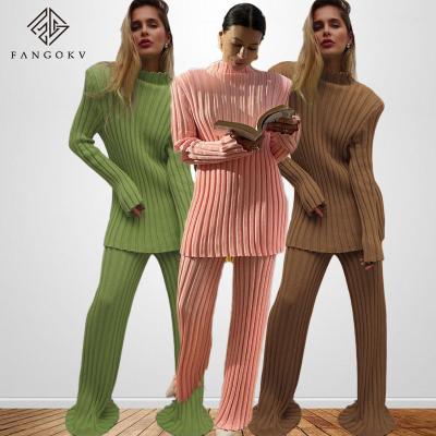 China New 2022 Viable Ribbed Outfits Knitted Long Sleeve Sweater Top And Pants 2 Piece Sets Casual Loose Tracksuit Fashion Chic Suit for sale