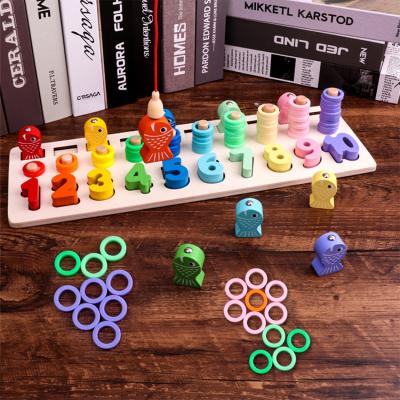 China Eco-friendly Material Wooden Number Puzzle Matching Color Matching Counting Wooden Montessori Game Fishing Toys for sale