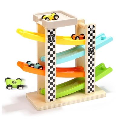 China Eco-friendly Material Wooden Floors Children 4 Pulley Inertia Pull Back Glider Slide Car Toy for sale