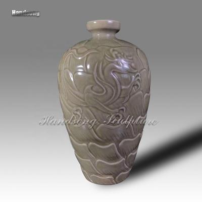 China China small home decorations, long ceramic vases, gray ceramic dragon carving patterns, traditional Chinese crafts, pottery bottle for sale