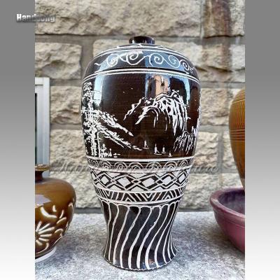 China China small home decoration, ceramic vase, landscape ink texture dark brown bottle, traditional Chinese crafts, pottery bottle for sale