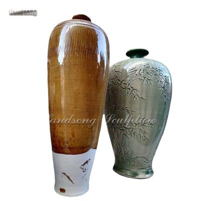 China Small home decoration interior decoration, long ceramic vase, brown stripes, traditional Chinese crafts, pottery bottle for sale