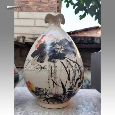 China Small home decoration interior decoration, ceramic vase, white lotus leaf bamboo ink texture deep ceramic vase, traditional Chinese pottery bottle for sale