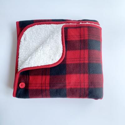 China Hot Sale Red Wearable Plaid Pattern Double Layer Flannel Fleece And Wearable Oversized Sherpa Fleece Hoodie Shawl Blanket for sale