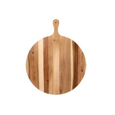 China Large Sustainable Acacia Wood Pizza Skin Serving Round Cutting Board With Handle Kitchen Farmhouse Gift for sale