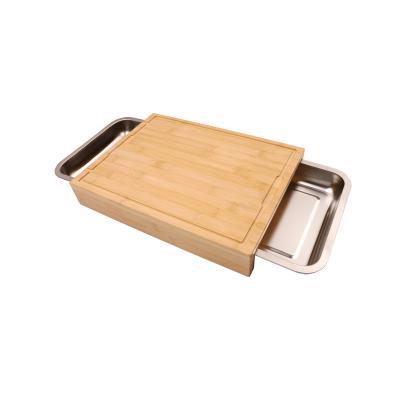 China Sustainable Natural Wooden Kitchen Cutting Board Bamboo Cutting Plates With Stainless Steel Trays for sale