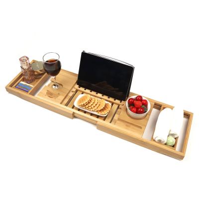 China Sustainable Adjustable Bamboo Bathtub Trolley Tray Bathroom Bath Tray With Shelf Wine Holder Soap Holder for sale