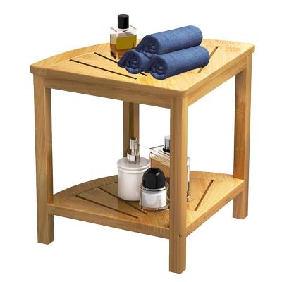 China Eco-Friendly Bathroom Storage Rack Corner Bamboo Shower Bench With 2-Tier Storage Shelf for sale