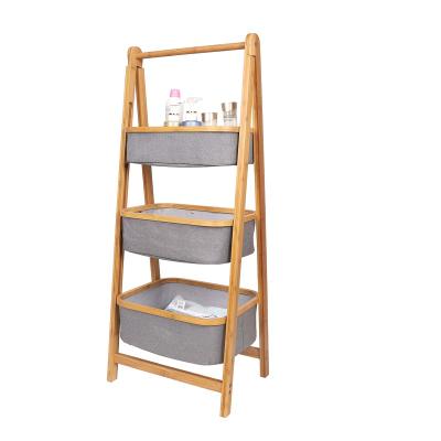 China 3 Tier Bathroom Storage Shelf Rack Laundry Basket Sustainable Bamboo Foldable Basket With 2 Cloth Bags for sale