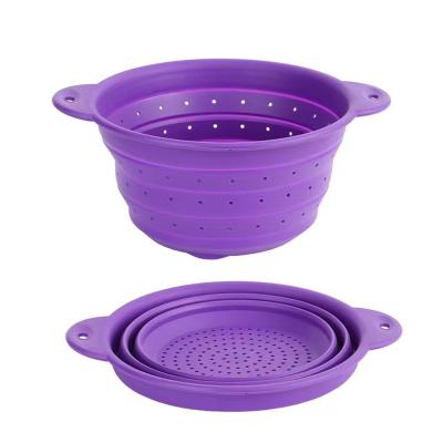 China Viable High Quality Collapsible Silicone Filter Sieve Around Folding Colander Kitchen Fruit Vegetable Plastic Washing Drain Basket for sale