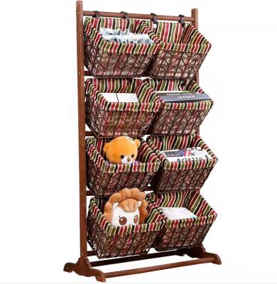 China Handmade Cheap Fabric Shelf Living Room Storage Basket Wooden Storage Rack for sale