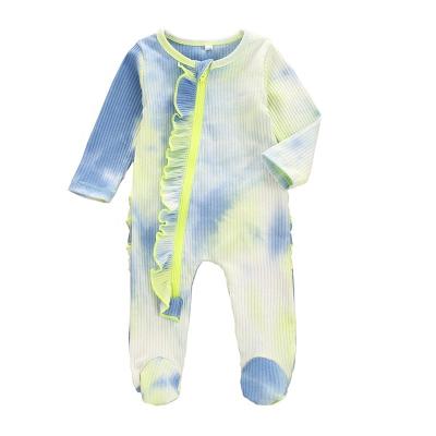 China Polyester/Cotton New Arrival Newborn Girls Tie Dye Ribbed Ruffle Zipper Footie Toddler Baby Pajamas For 0 - 6 Months for sale