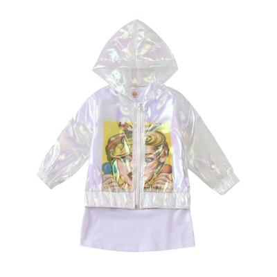 China Anti-Static Fashion Kids Infant Babies 2Pcs Teams Children Printing Short Sleeve Shirt Dress +Laser Long Coat Sets for sale