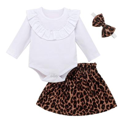 China Other Toddler Baby Clothes Infant Babies Solid Romper With Leopard Skirt Headband 3 Pcs Sets for sale