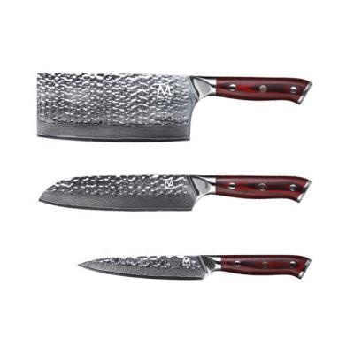 China Sustainable Professional 3pcs Kitchen Cooking Damascus Steel Sharp Knives Wholesale Logo Chef Knife Set Custom Made for sale