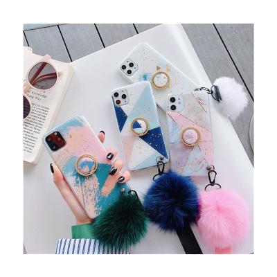 China Shockproof Acrylic Slim Finger Ring Holder Cover Marble Phone Case For Samsung With Hair Ball for sale