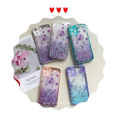 China Luxury Epoxy Glitter Shockproof Fashionable Purple Flower Translucent Cover Phone Case For Iphone13 pro Max Case for sale