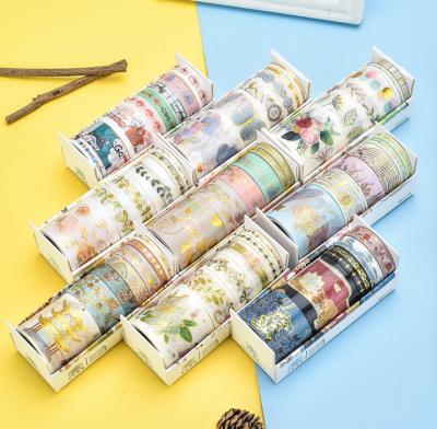 China Waterproof 6 Rolls of Gold Foil Combined with Flowers and Green Cranes Washi Tape for sale