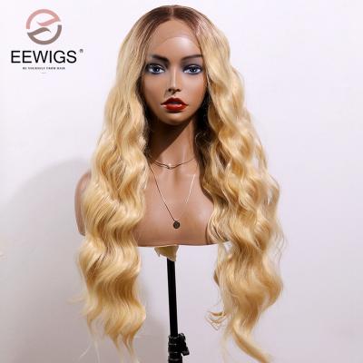 China Blonde Body Wave Brown Ombre Synthetic Lace Front Wig Transparent Swiss Soft Lace Up Chemical Fiber Heat Resistant Wig In Stock for sale