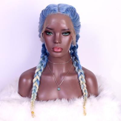 China Medium Wig Part Synthetic Double Braided Ombre Light Blue Blonde Braided Wigs Lace Front Wig Heat Resistant Colored Hair Wig Amazon Hot Sale for sale