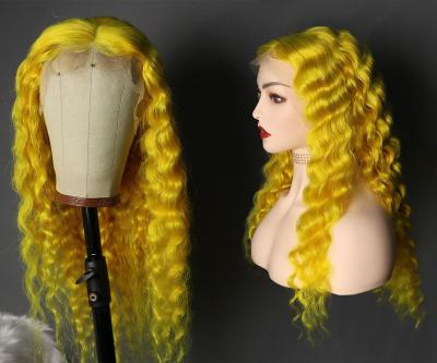 China Long Yellow Long Virgin Hair Transparent Lace Front Wig Brazilian Deep Curly Bright Deep Curly Lace Front Wig Pre Plucked Hairline Hair for sale