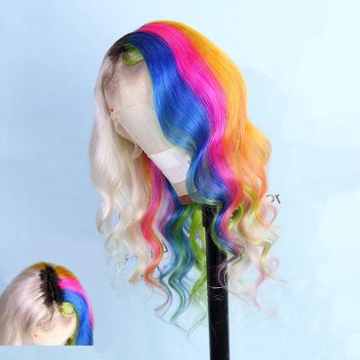 China Rainbow Wave Hair Customized Brazilian Human Hair Front Wig 100% Remy Virgin Hair Colorful Lace Front Wigs Black Roots Wigs For Women for sale