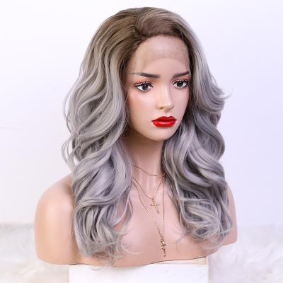 China Brown Ombre Gray Front Lace Wig High Quality Wavy Synthetic Hair Gray Synthetic Short Wigs Loose Wave Synthetic Hair Backs Custom Wholesale for sale