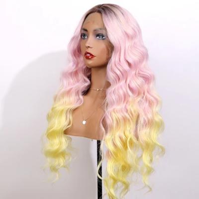 China High Quality Long Straight Lace Front Wig Soft Halloween Ombre Pink Yellow High Density Straight Synthetic Lace Wig For Pretty Girl for sale