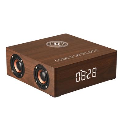 China Modern Design 3 in 1 Wooden Alarm Clock with Music Speaker and Wireless Charger Modern Design with 4 Bass Speaker Time Display Clock Powerful for sale