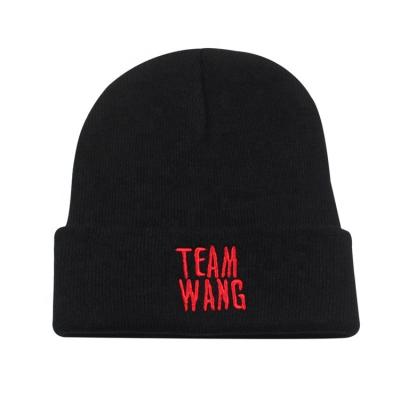 China JOINT Good Quality Brand Knitted Black Acrylic Wool Beanie Hat With Red Embroidery Logo for sale