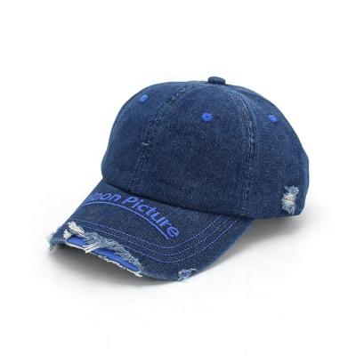 China COMMON Washed Denim Worn Out Custom Dad Hats 6 Panel Metal Buckle Embroidery Dad Hat for sale